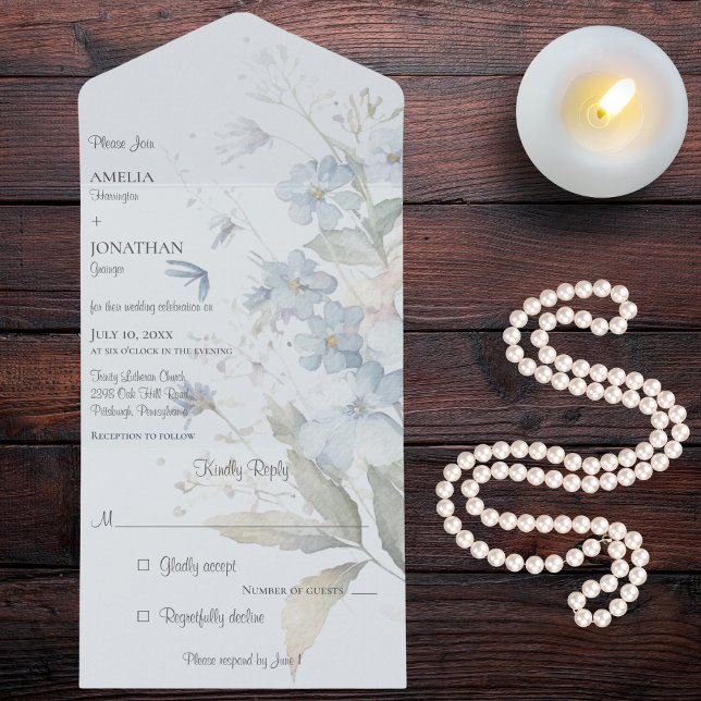 Blue Wildflowers on Pale Blue All In One Invitation (Also available with QR code. )