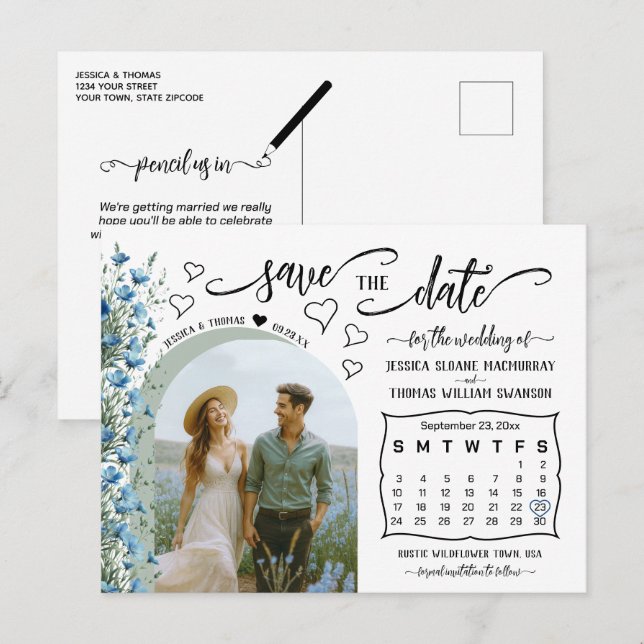 Blue Wildflowers Photo & Calendar Save the Date Announcement Postcard (Front/Back)