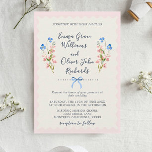 Blue Wildflowers Pink Romantic Garden Wedding Invitation