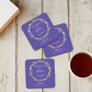 Blue Wildflowers Purple Yellow Floral Wedding  Coaster