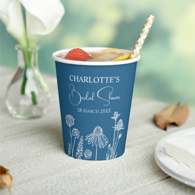 Blue Wildflowers Sketched Floral Bridal Shower  Paper Cups (Insitu)