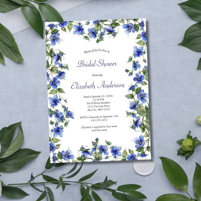 Blue Wildflowers Watercolor Elegant Bridal Shower Invitation (Blue Wildflowers Morning Glories Watercolor Bridal Shower invitation, Digital or Printed.)