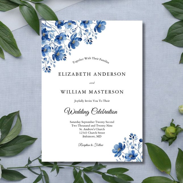 Blue Wildflowers Watercolor Elegant Modern Wedding Invitation (Blue Watercolor Wildflowers Floral Elegant Formal Wedding Invitation. Printed or Digital Download)