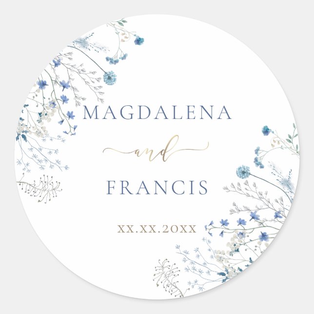 blue wildflowers wedding classic round sticker (Front)