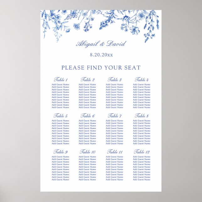 Blue Wildflowers Wedding Seating Chart (Front)
