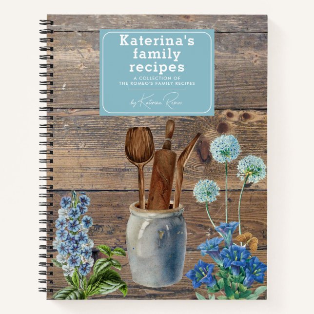 Blue Wildflowers Wood Kitchen Utensils Recipe Notebook (Front)