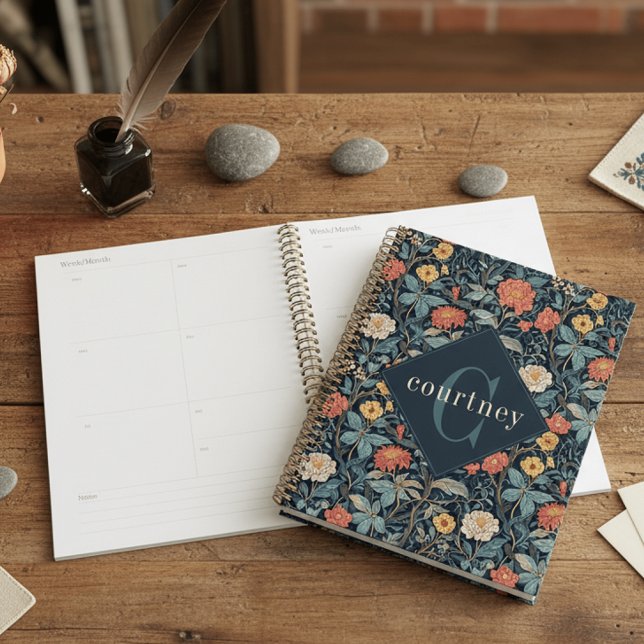 Blue William Morris Floral Elegant Monogram  Planner (Creator Uploaded)