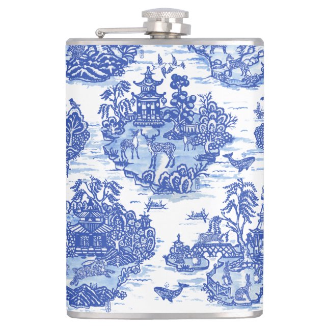 Blue Willow Animal Rabbit Deer Fox Bird Toile Hip Flask (Front)