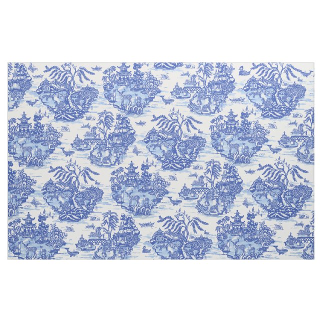 Blue Willow Animal Rabbit White Whimsical Toile  Fabric (Yard)