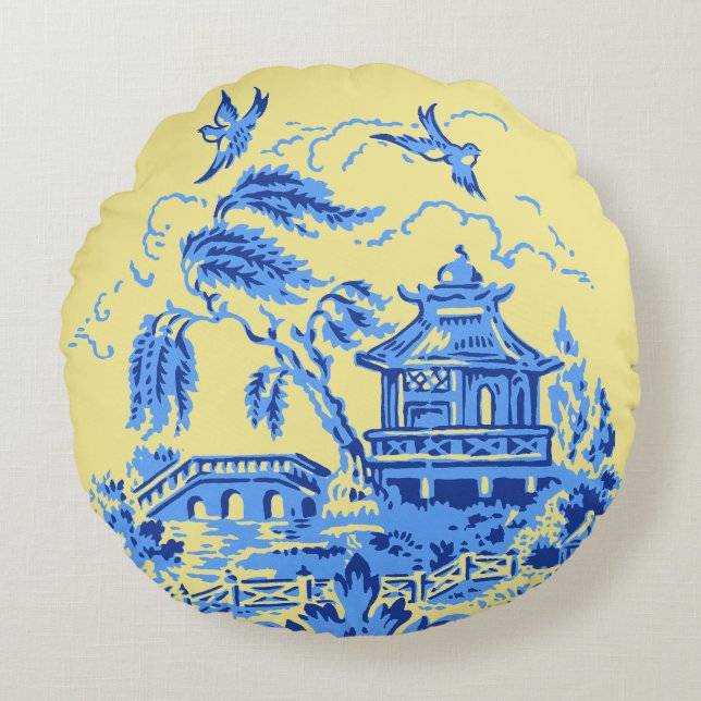 Blue Willow China on Butter Yellow Pillow (Front)