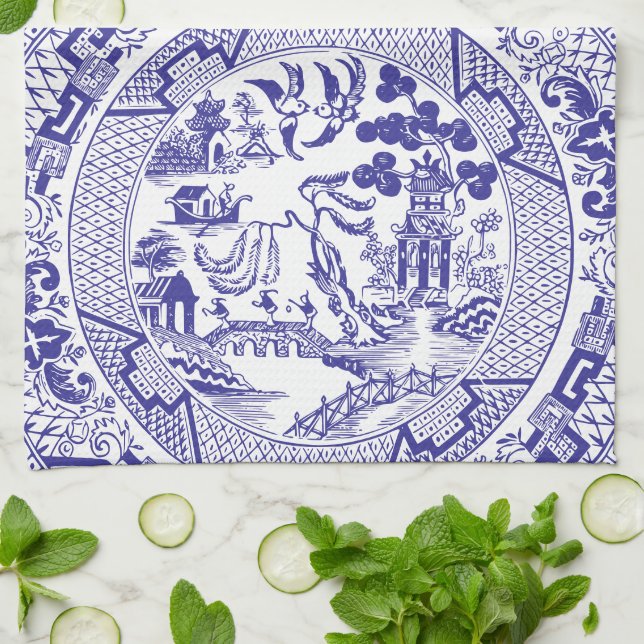 Blue Willow China Pattern with Personalised Name Tea Towel (Folded)