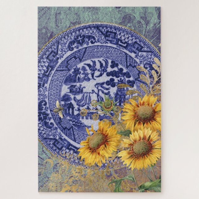 Blue Willow China Plate & Sunflowers Design Jigsaw Puzzle (Vertical)