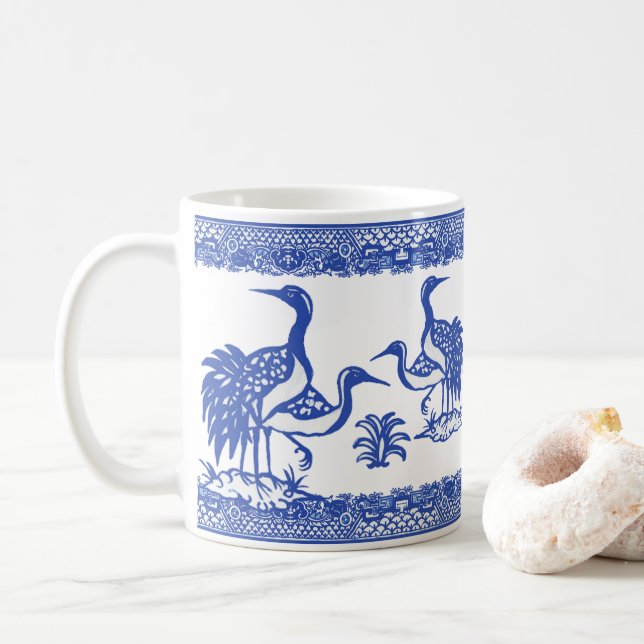 Blue Willow Cranes Bird Traditional Chinoiserie Coffee Mug (With Donut)