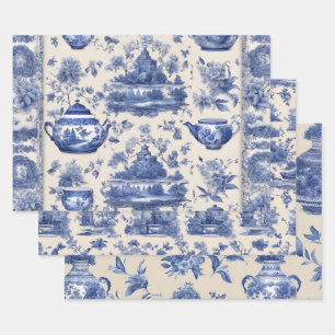 Blue willow Decoupage Set of Three  Wrapping Paper Sheet