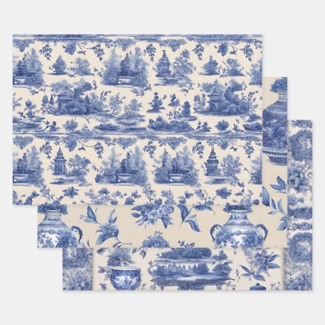 Blue willow Decoupage Set of Three  Wrapping Paper Sheet (Set)
