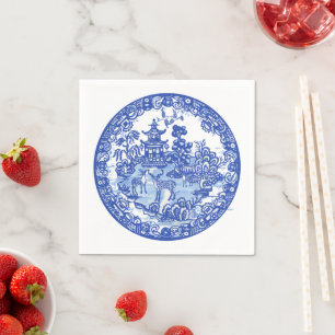 Blue Willow Deer Asian Temple Garden Art Napkins