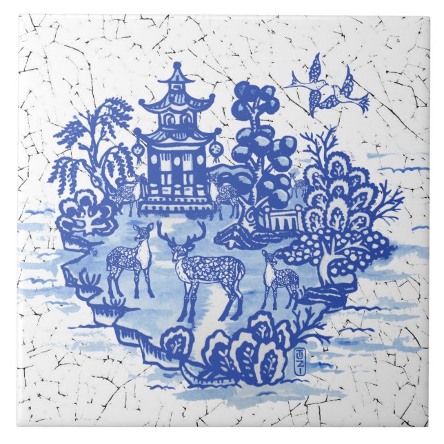 Blue Willow Deer Herd Antique Pagoda Phoenix Ceramic Tile (Front)