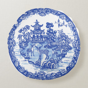 Blue Willow Deer Herd Antique Pagoda Phoenix Round Cushion