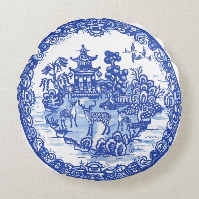 Blue Willow Deer Herd Antique Pagoda Phoenix Round Cushion (Front)