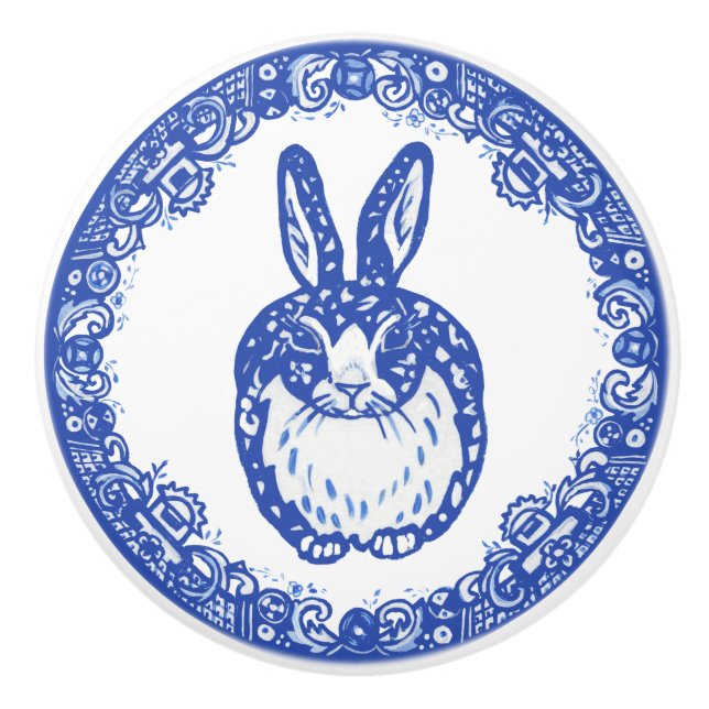 Blue Willow Design Bunny Rabbit Cute Whimsical Ceramic Knob (Front)