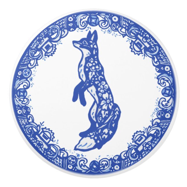 Blue Willow Design Fox Standing Facing Left Ceramic Knob (Front)