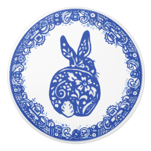 Blue Willow Design Rabbit Bunny Cute Faces Right Ceramic Knob