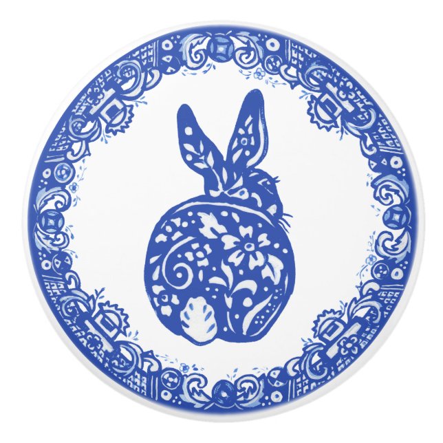 Blue Willow Design Rabbit Bunny Cute Faces Right Ceramic Knob (Front)