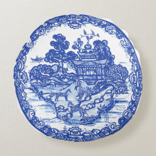 Blue Willow Fox Foxes Floral Antique Pagoda Bird Round Cushion