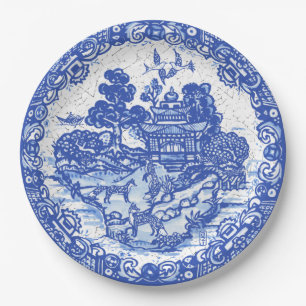 Blue Willow Fox Island Asian Temple Garden Crackle Paper Plate
