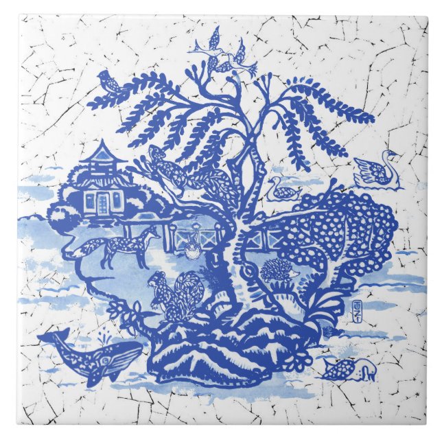Blue Willow Fox Rabbit Squirrel Bird Whale Pagoda Ceramic Tile (Front)