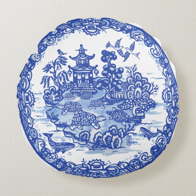 Blue Willow Isle of Turtles Whimsical Garden Round Cushion (Front)