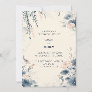 Blue Willow Lotus Wedding Invitation