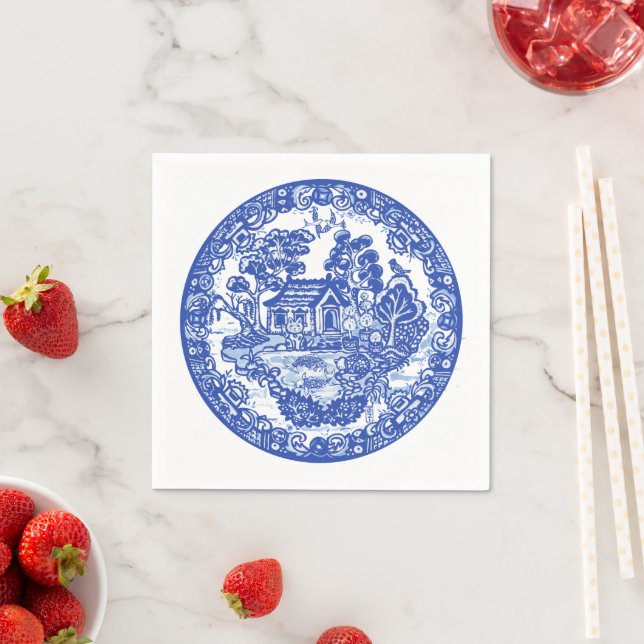 Blue Willow Lucky Cat Koi Bird Asian Temple Garden Napkin (Insitu)