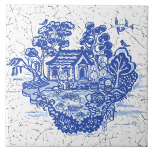 Blue Willow Lucky Cat Koi Pond Antique Fantasy Ceramic Tile