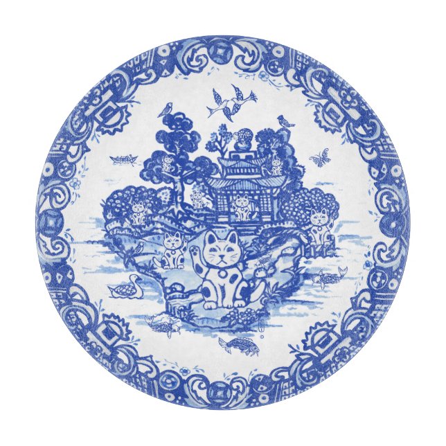 Blue Willow Lucky Cat Whimsical Chinoiserie Art Cutting Board (Front)