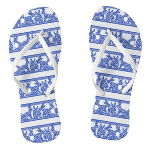 Blue Willow Oriental Rabbit Floral Stripe Pattern Thongs