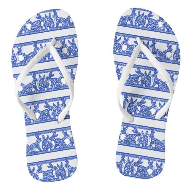Blue Willow Oriental Rabbit Floral Stripe Pattern Thongs (Footbed)