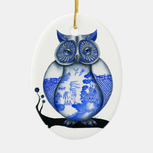 Blue Willow Owl Ceramic Tree Decoration