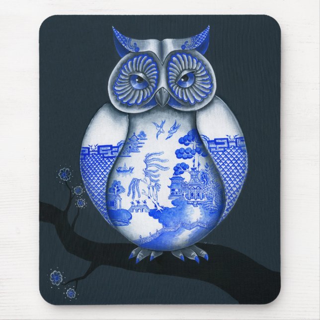 Blue Willow Owl Mouse Pad (Front)