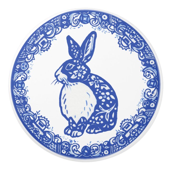 Blue Willow Pattern Rabbit Bunny Cute Faces Left Ceramic Knob (Front)