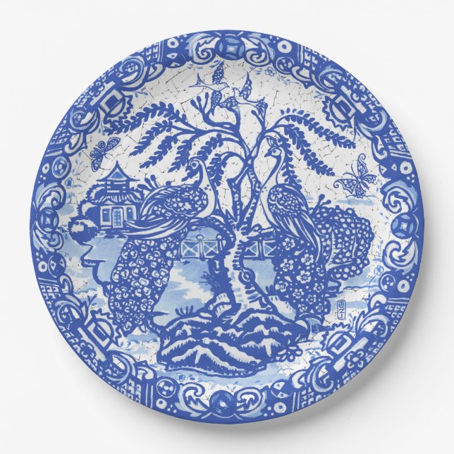 Blue Willow Peacock Island Asian Temple Crackle  Paper Plate (Front)