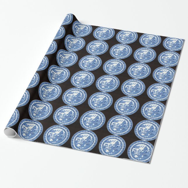 Blue Willow Plate Pattern Wrapping Paper (Unrolled)