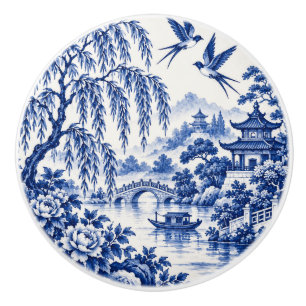 Blue Willow Porcelain Landscape Drawer Knob