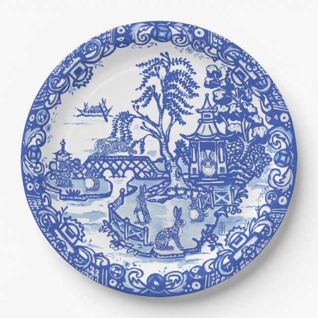 Blue Willow Rabbit Classic Whimsical Asian Paper Plate (Front)