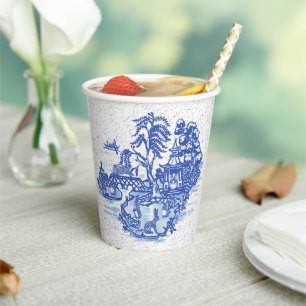 Blue Willow Rabbit Classic Whimsical Pottery Paper Cups