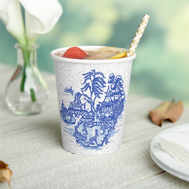 Blue Willow Rabbit Classic Whimsical Pottery Paper Cups (Insitu)
