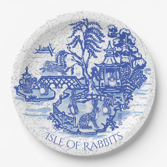 Blue Willow Rabbit Island Whimsical Classic Art Paper Plate (Front)