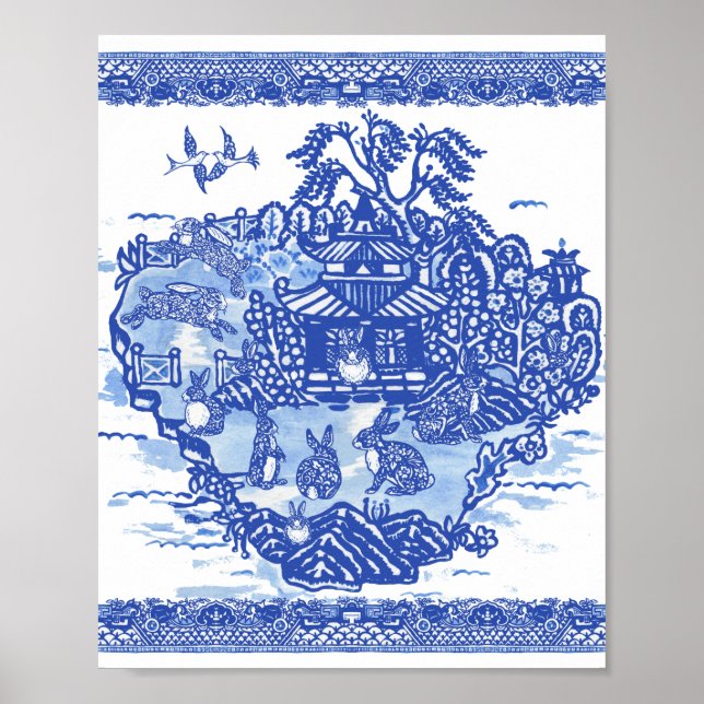 Blue Willow Rabbit Island Whimsical Oriental Art Poster (Front)