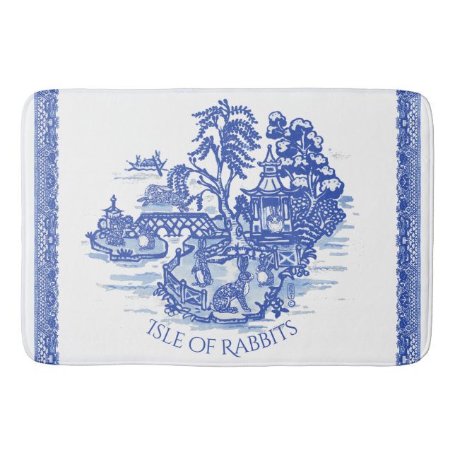Blue Willow Rabbit Island Whimsical Pottery Look Bath Mat (Front)