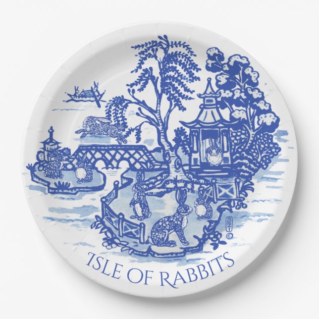 Blue Willow Rabbit Island Whimsical Pottery Look Paper Plate (Front)